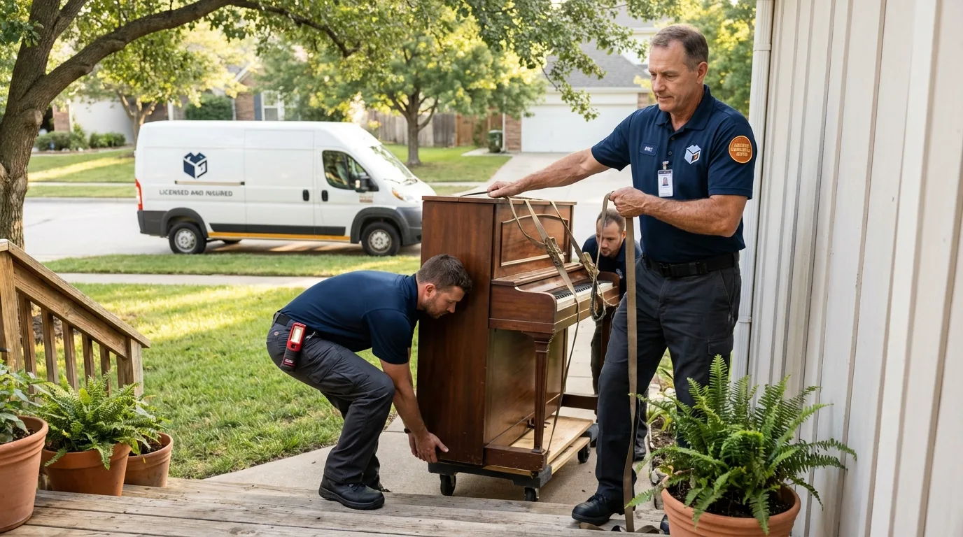 Licensed piano movers securing grand piano in Manville, NJ