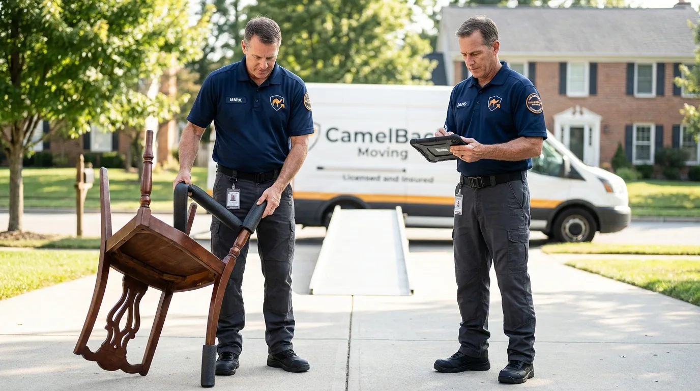 Movers inspecting furniture for damage prevention before loading in Manville, NJ