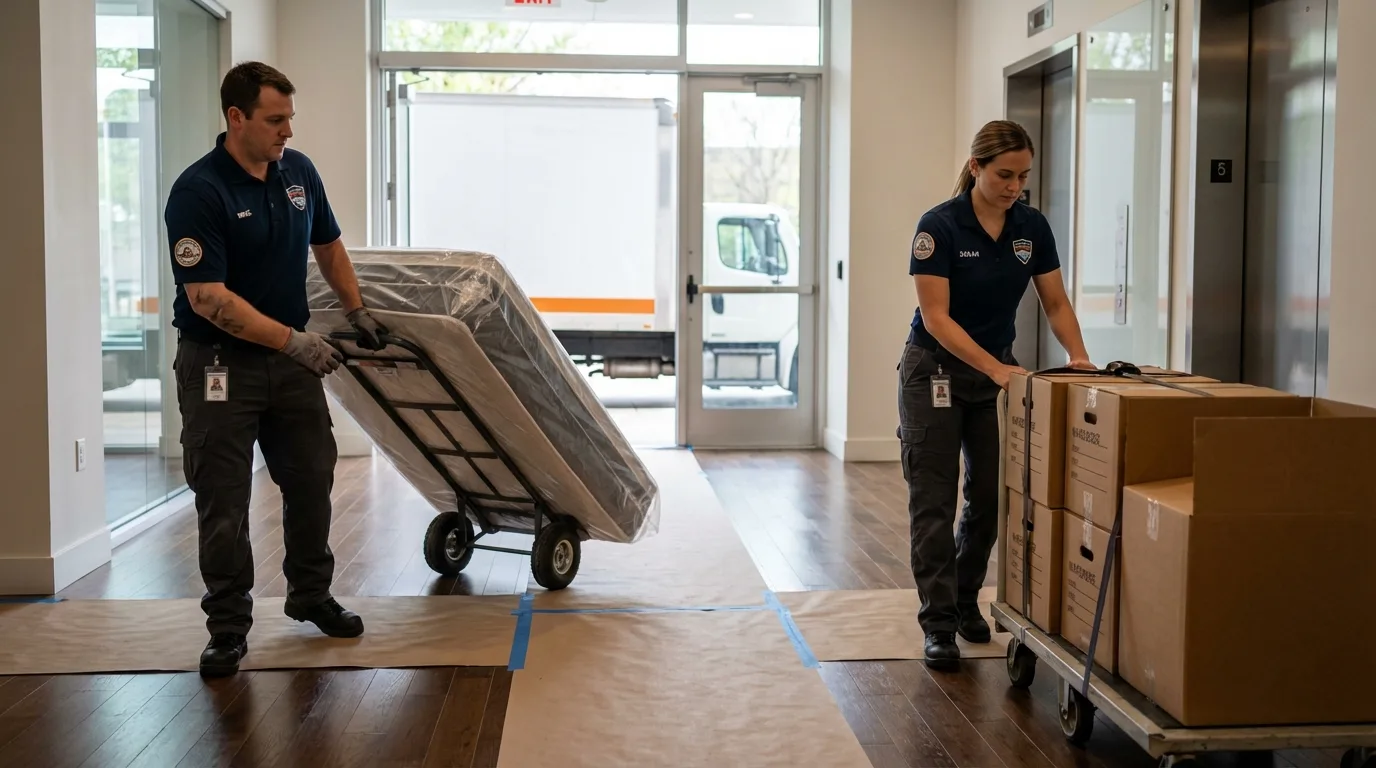 Professional apartment movers loading elevator in Manville, NJ